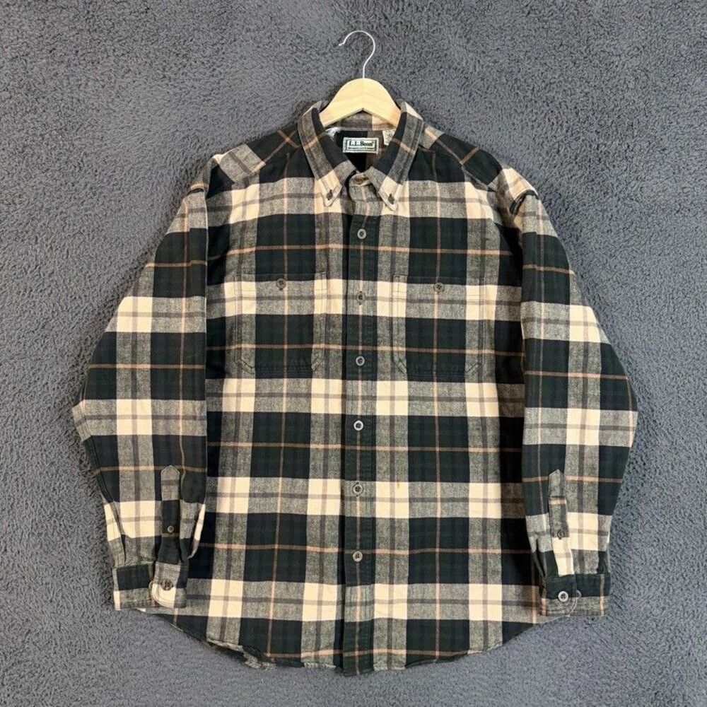 Vtg LL Bean Shirt Mens Large Green Plaid Chamois Cloth Button Down Outdoors